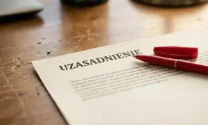 Dokument z napisem "UZASADNIENIE" i czerwonym długopisem na drewnianym biurku.