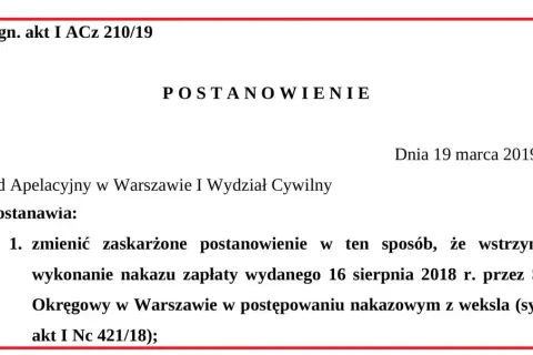 Fragment dokumentu sądowego z nagłówkiem "POSTANOWIENIE" i sygnaturą akt.