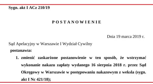 Fragment dokumentu sądowego z nagłówkiem "POSTANOWIENIE" i sygnaturą akt.