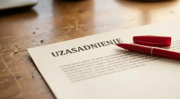 Dokument z napisem "UZASADNIENIE" i czerwonym długopisem na drewnianym biurku.
