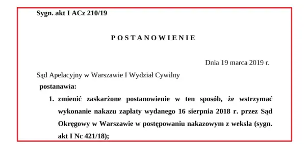 Fragment dokumentu sądowego z nagłówkiem "POSTANOWIENIE" i sygnaturą akt.